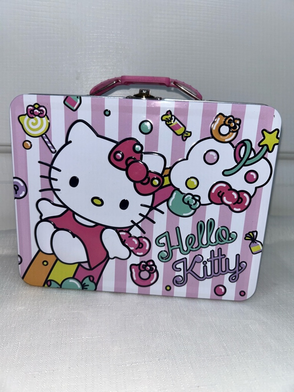 Hello Kitty Sanrio Pink and White Striped Tin Lunchbox